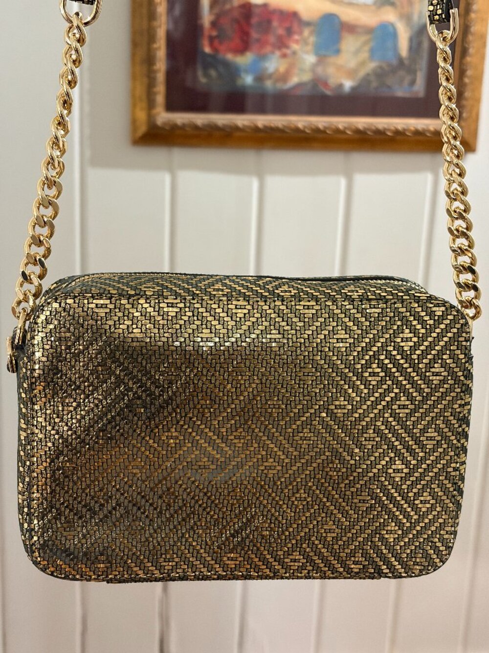 MICHAEL KORS GINNY CAMERA BAG METALLIC GOLD WOVEN CROSSBODY - Picture 4 of 7